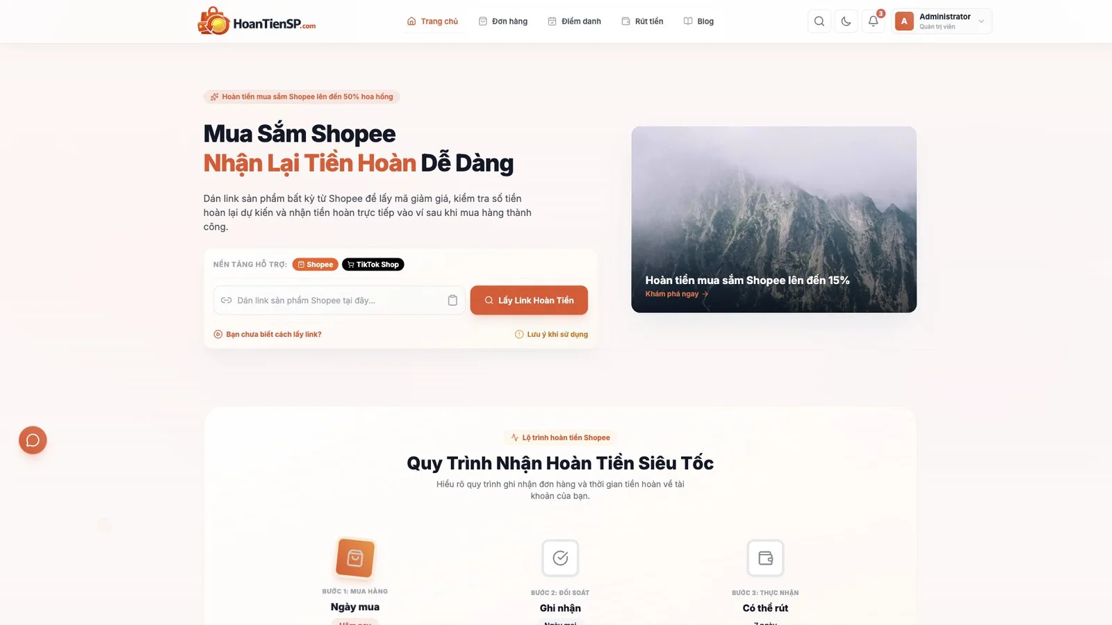 Live interface of Build an automated cashback website for Shopee, TikTok Shop and Lazada