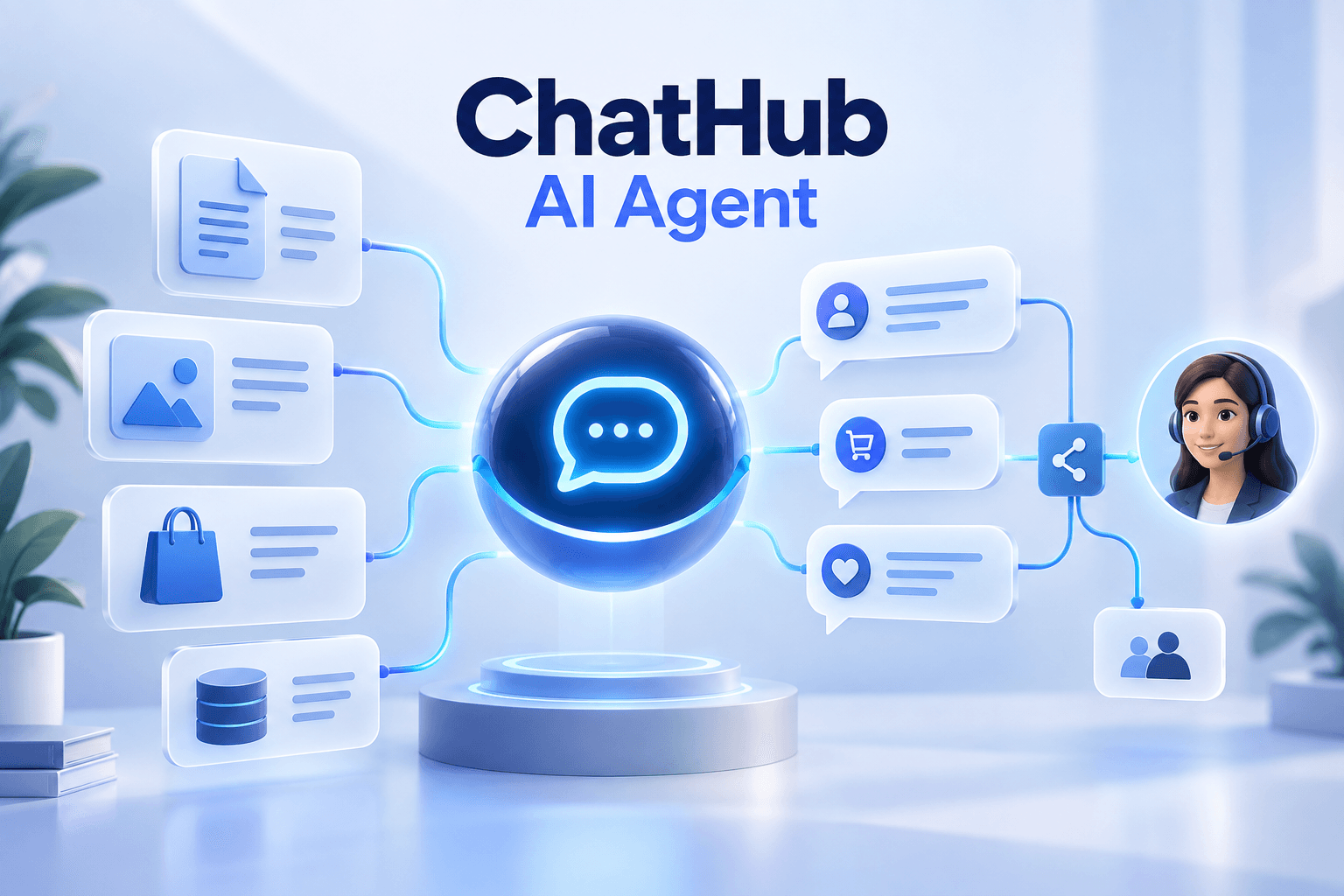 Minh hoạ ChatHub AI Agent kết nối tài liệu, dữ liệu sản phẩm và hội thoại với workflow và nhân viên hỗ trợ