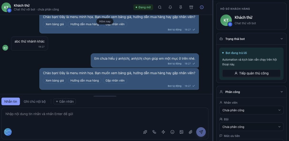 Hội thoại ChatHub với hồ sơ khách hàng, ghi chú nội bộ và nút tiếp quản bot