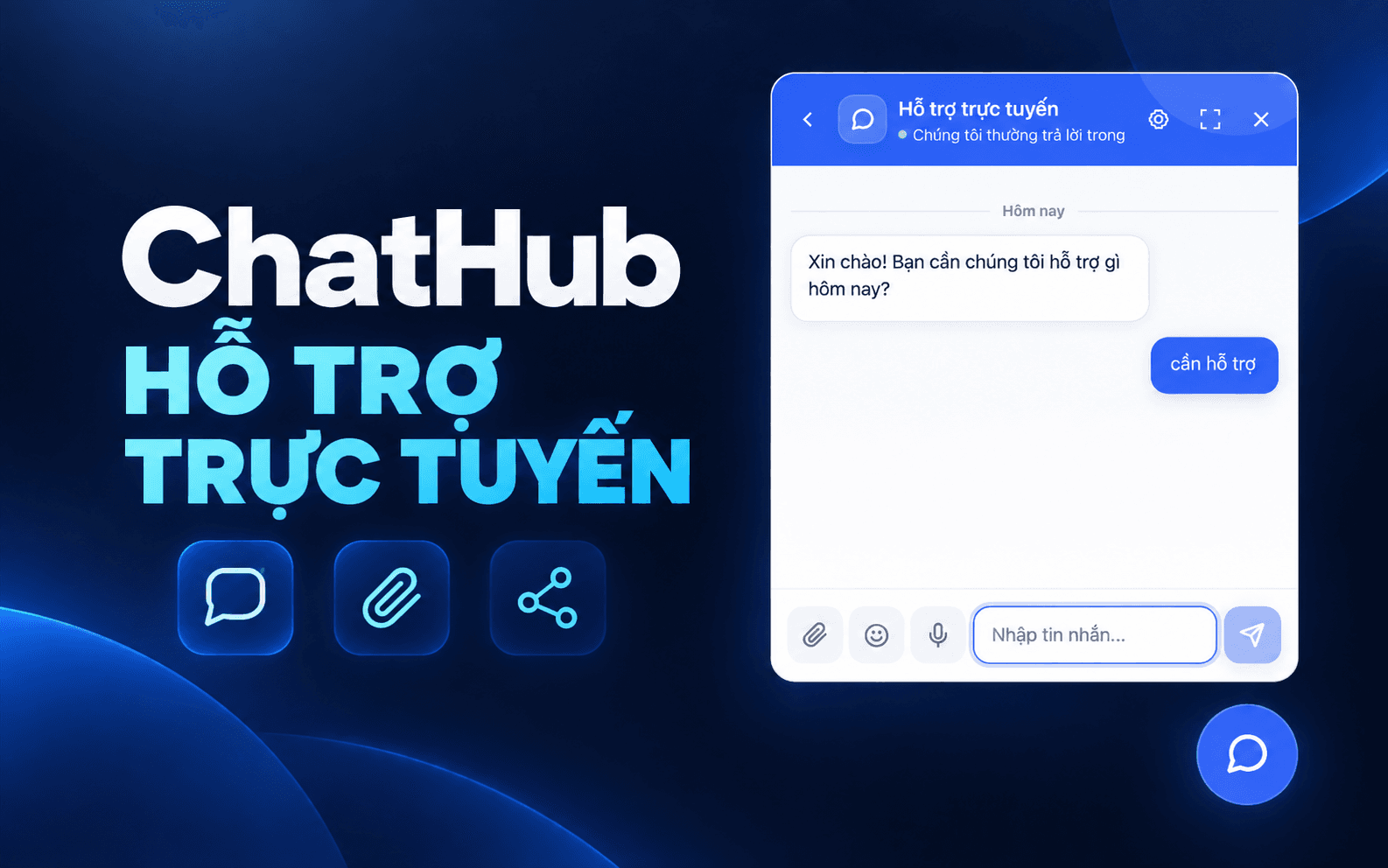 Hình quảng cáo ChatHub Live Chat với khung hỗ trợ trực tuyến và tin nhắn mẫu