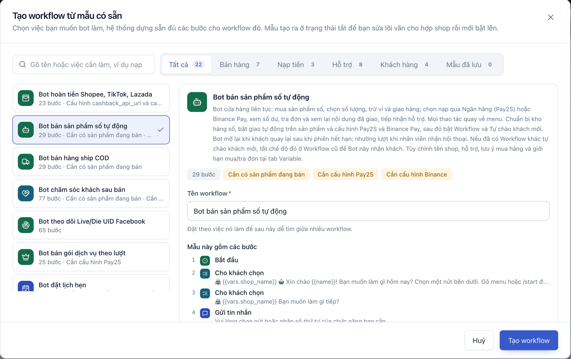 Cửa sổ Tạo workflow từ mẫu có sẵn, đang chọn Bot bán sản phẩm số tự động trong ChatHub