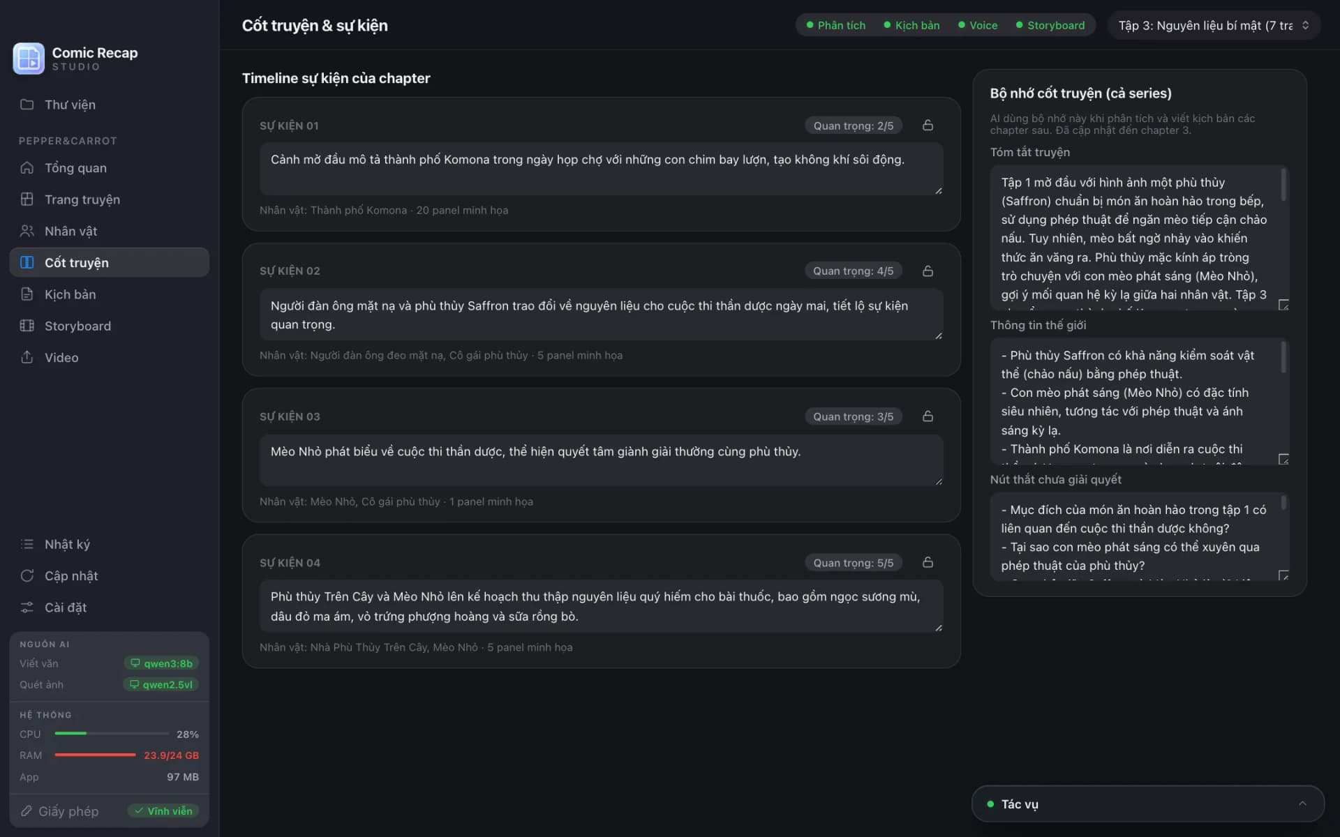 The Story screen in Comic Recap Studio: the chapter event timeline and the story memory with synopsis, world facts and open threads