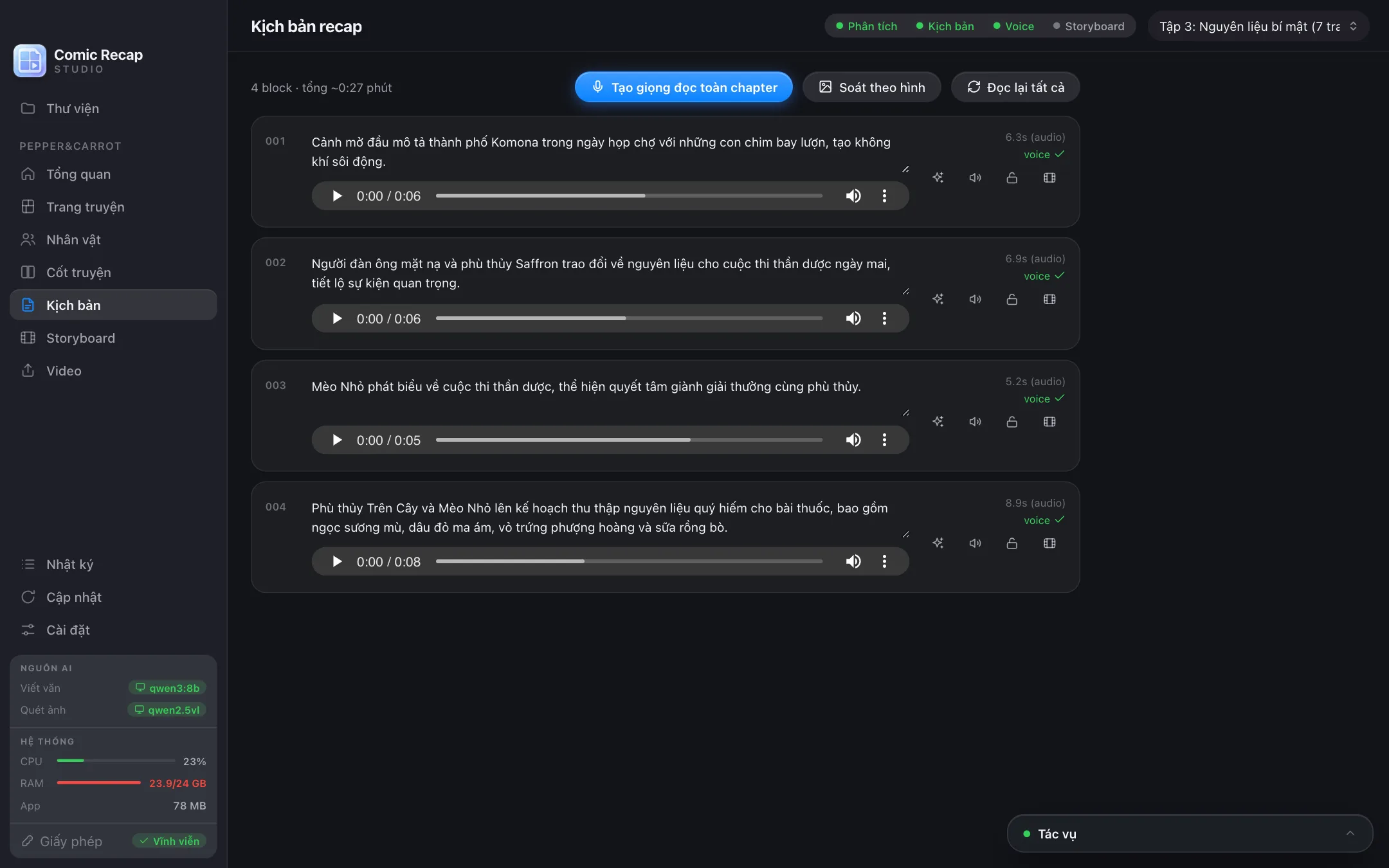 The recap script screen in Comic Recap Studio: Vietnamese narration paragraphs with durations, voice generation and image check buttons