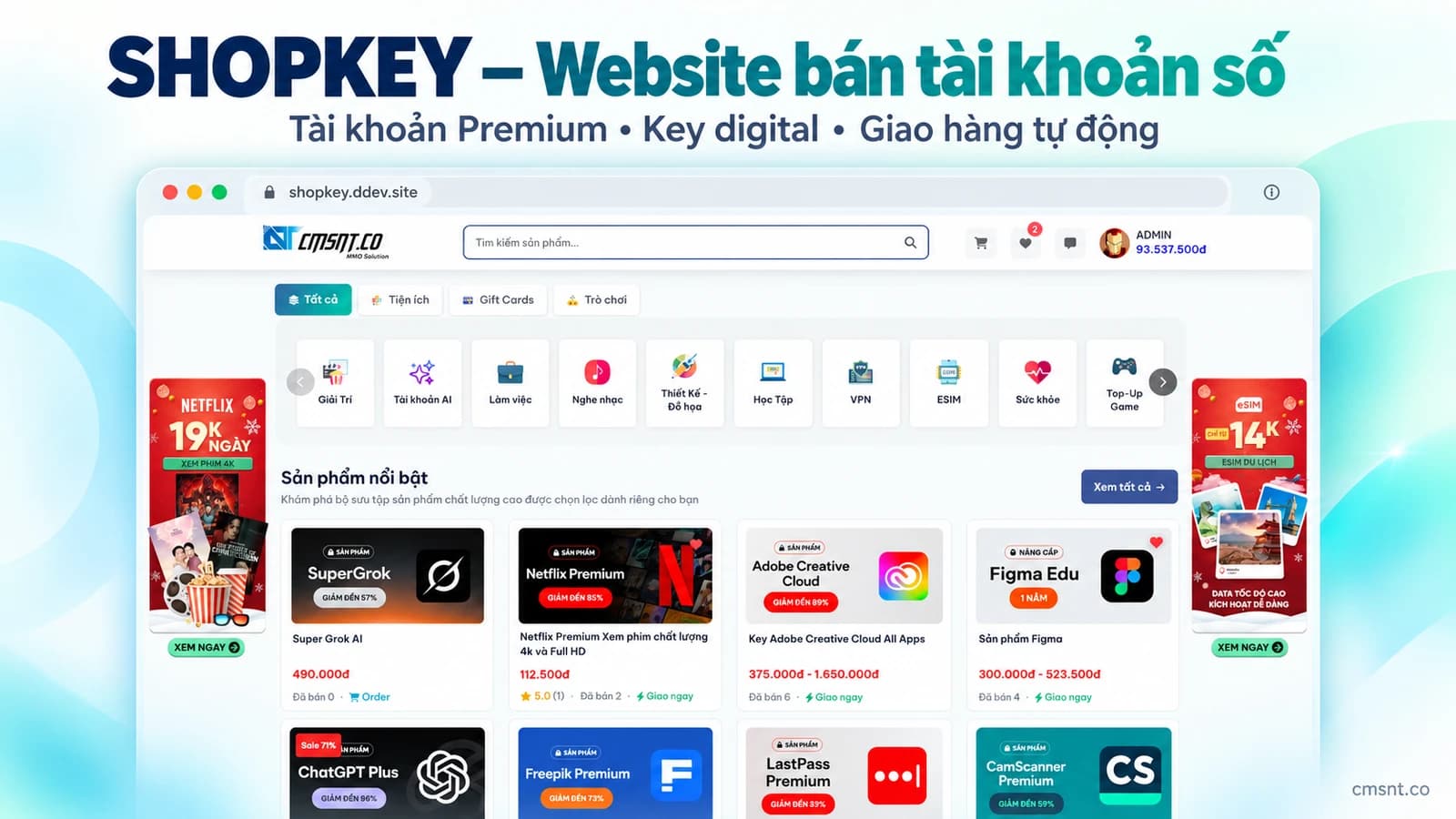 Tạo website bán tài khoản Premium bản quyền, bán key sản phẩm digital