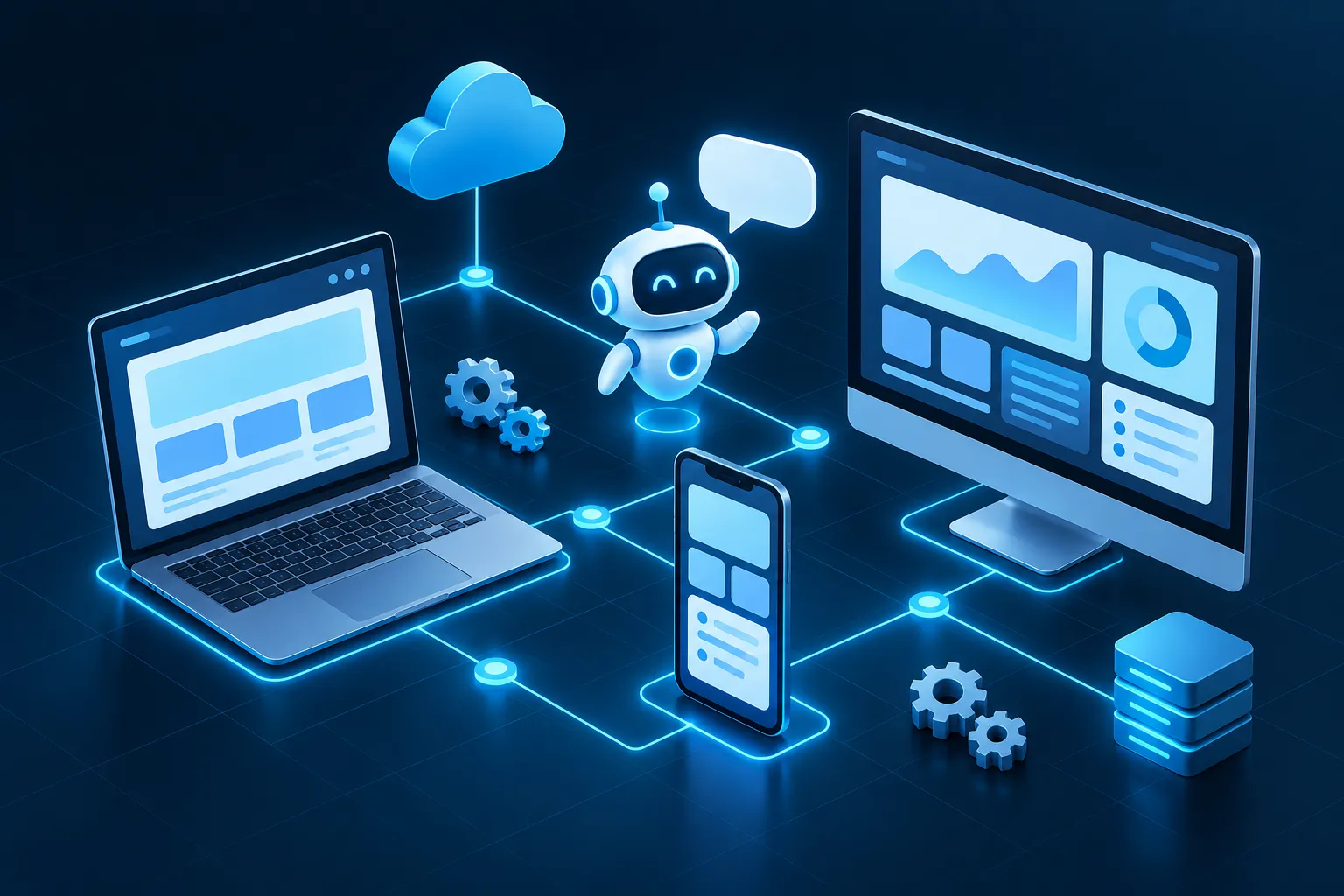 Minh hoạ xưởng gia công phần mềm: website trên laptop, app trên điện thoại, phần mềm máy tính và chatbot được kết nối với nhau