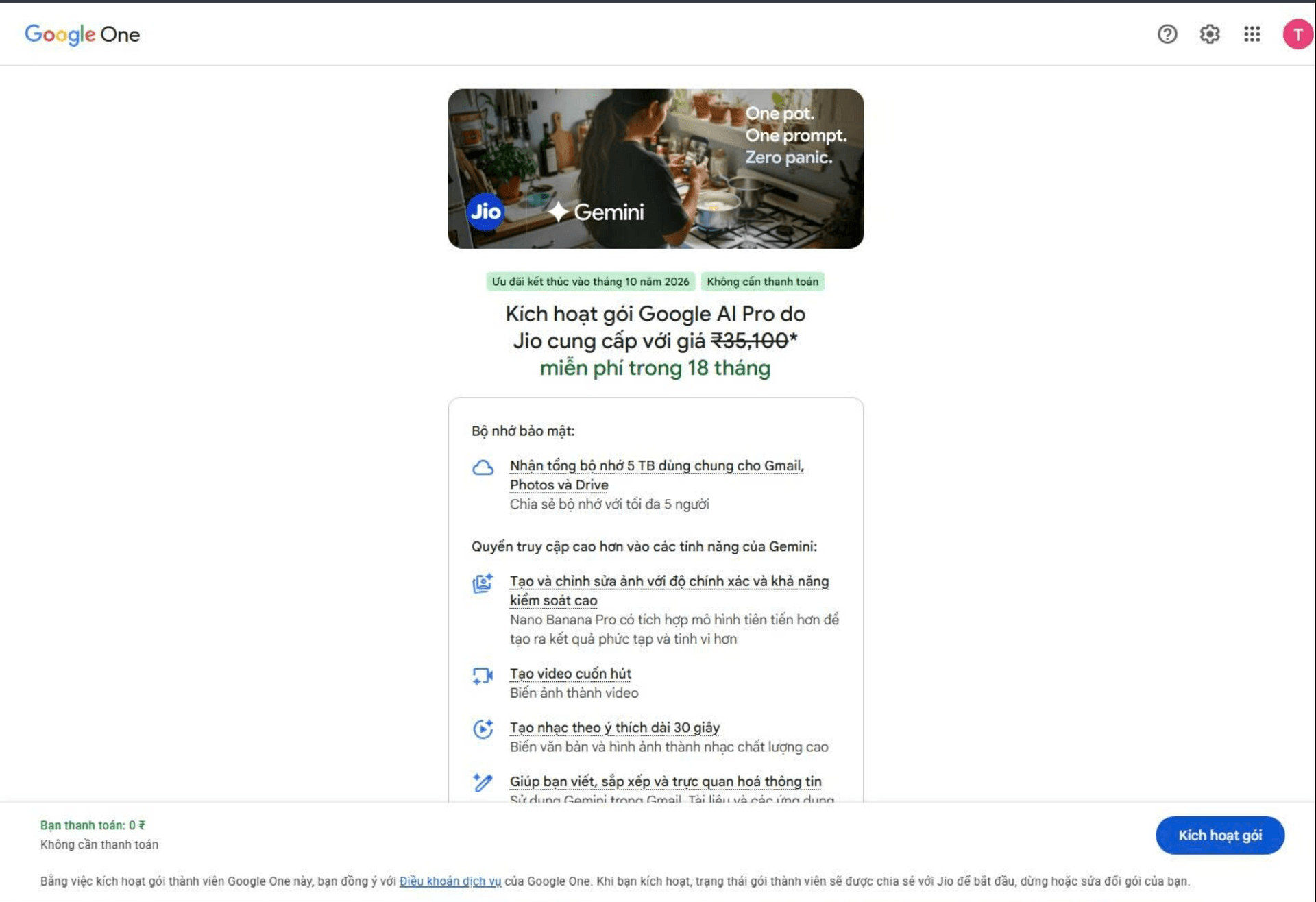 Màn hình Google One kích hoạt Google AI Pro miễn phí 18 tháng do Jio cung cấp