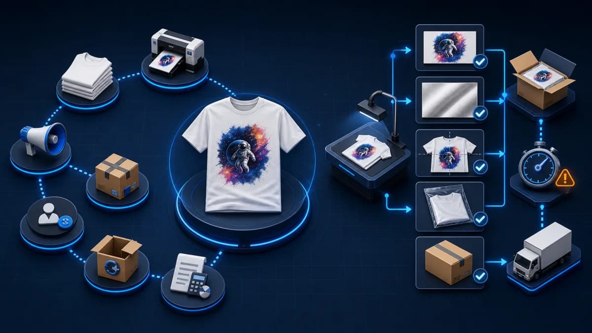 Minh họa chi phí của sản phẩm Print on Demand và quy trình kiểm tra chất lượng trước khi giao