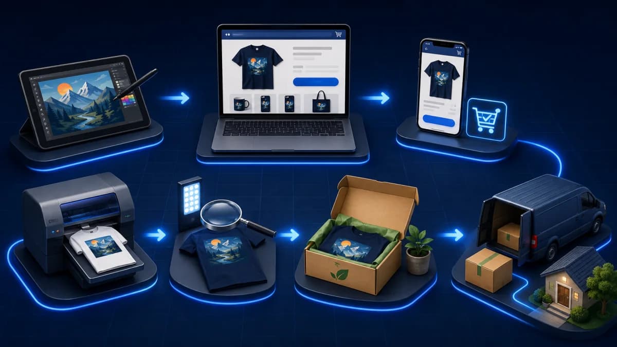 Quy trình đơn hàng Print on Demand từ thiết kế, cửa hàng, in, kiểm tra, đóng gói đến giao hàng