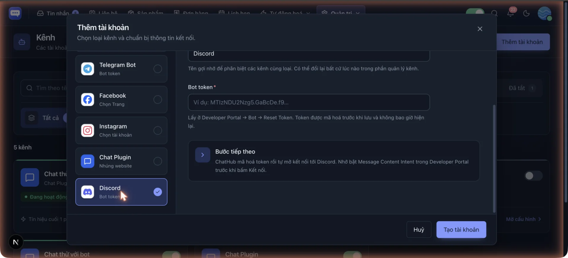 ChatHub 添加账号窗口,已选择 Discord 渠道