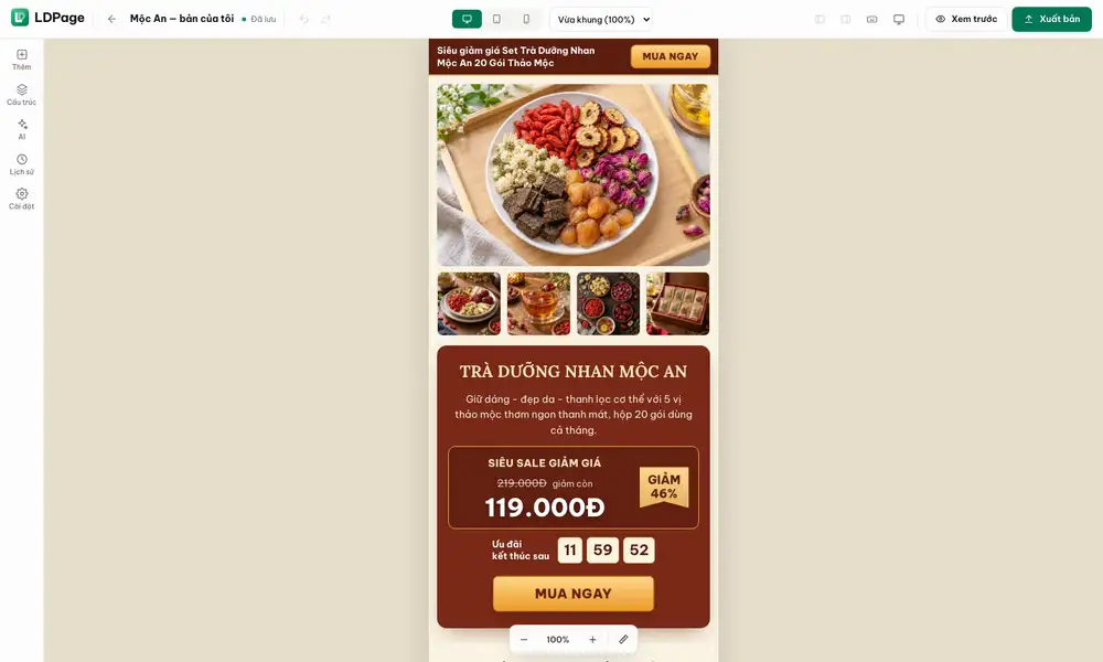 LDPage 编辑器 AI Agent 动图：要求改写标题、描述和“立即购买”按钮，AI 直接修改 Trà Dưỡng Nhan Mộc An 页面并自我检查